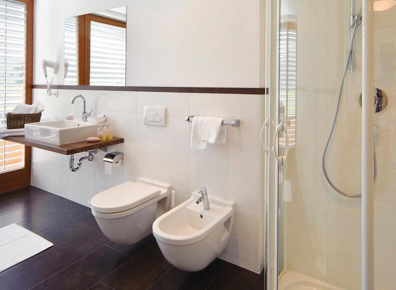 Bathroom "Superior"-room with sink, mirror, WC, bidet and shower