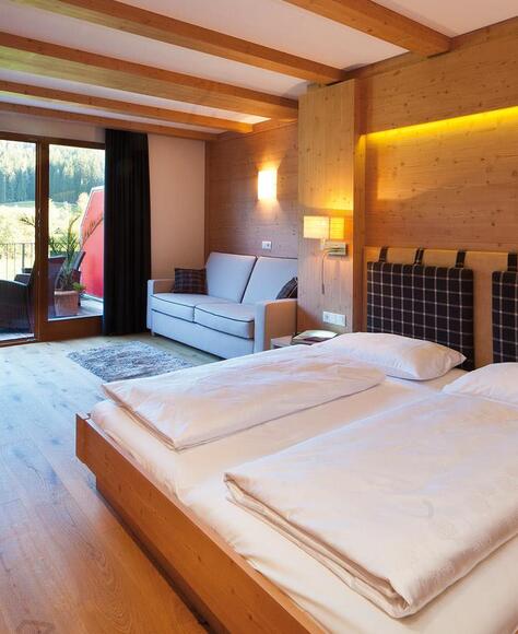 Komfortzimmer mit Doppelbett, Sofa, Balkon Richtung Garten, Schrank, Minikühlschrank und TV