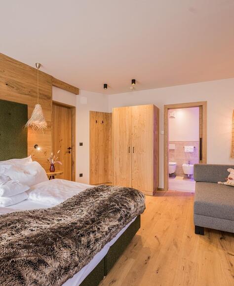 Dependance-Naturzimmer mit Bett, Sofa, Kleiderschrank, Fernseher und Bad