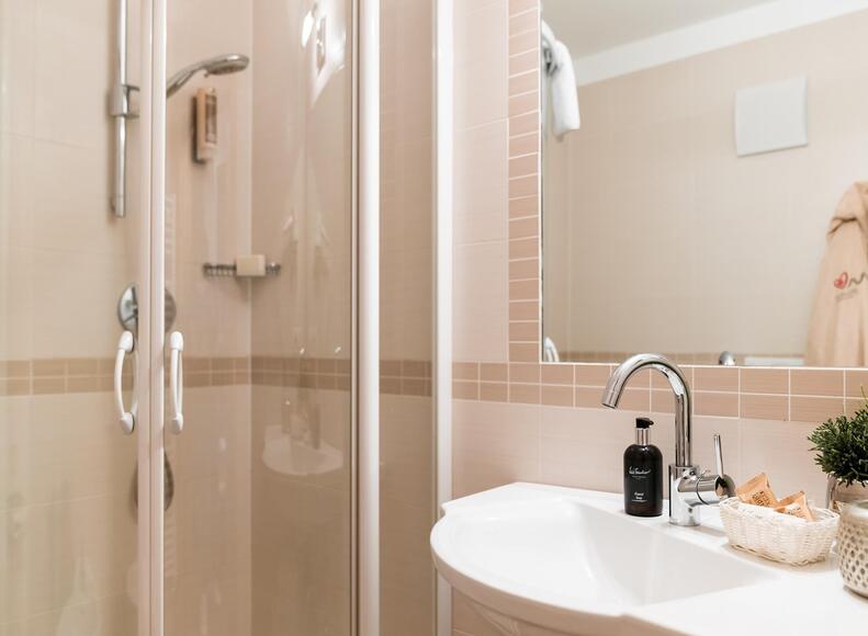 bathroom "Cosy"-room with shower, sink and mirror